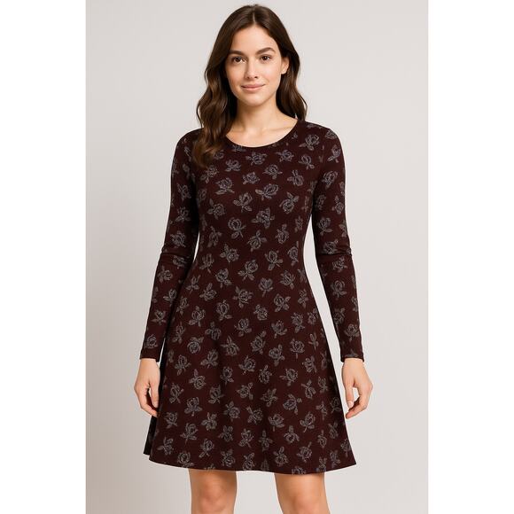 Vintage 90 Red Brown Stretch Knit ALine Rhinestone Rose Print Mini Dress Size 2 - Picture 1 of 9